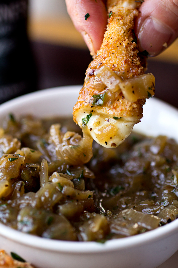 Mozzarella Sticks with Caramelized Onion Dipping Sauce | thecozyapron.com