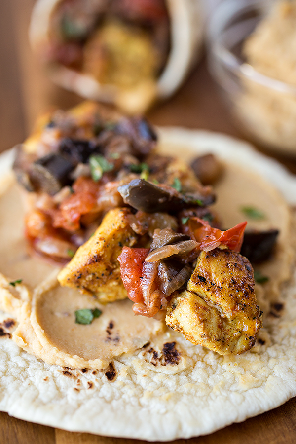 Moroccan Chicken Wrap with eggplant and tomato Chutney and Spicy Hummus | thecozyapron.com