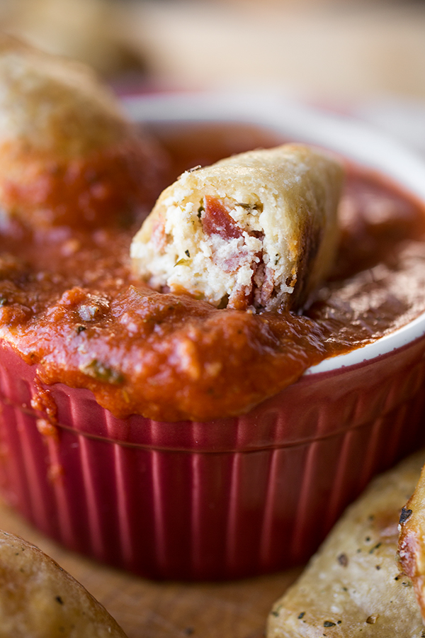 Mini Calzones with Pepperoni Dipped in Marinara Sauce | thecozyapron.com