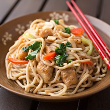 Peanut Chicken Over Brown Rice Noodles