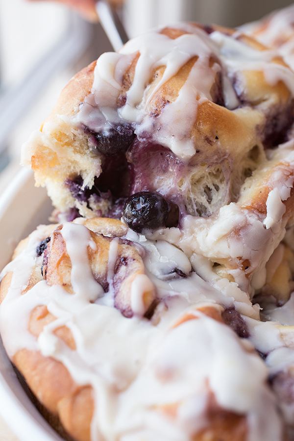 Closeup on an inside view of fresh-baked Blueberry Roll | thecozyapron.com