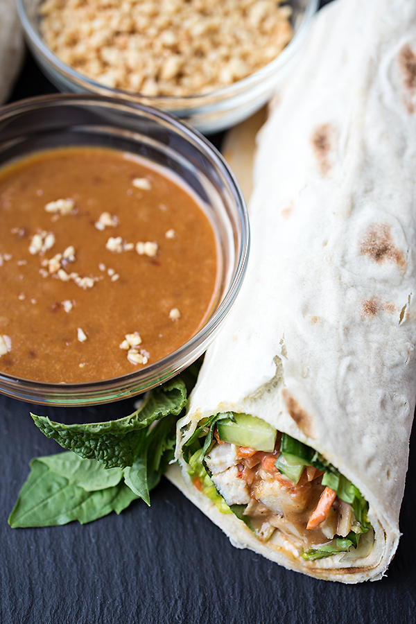 Peanut Chicken Spring Roll Wrap with Peanut Sauce | thecozyapron.com