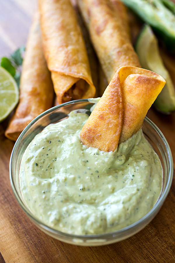 Chicken Taquitos with Avocado Ranch Dipping Sauce | thecozyapron.com