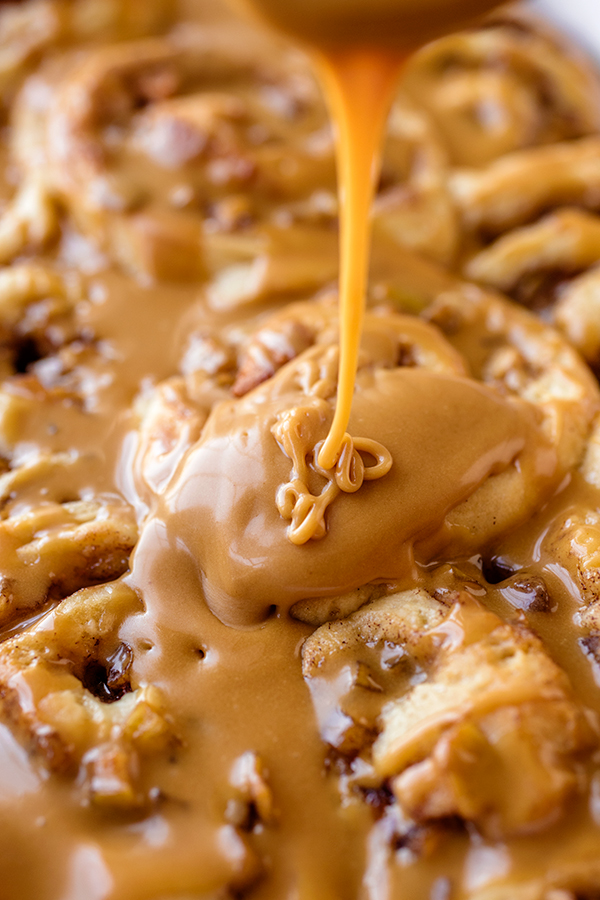 Caramel Apple Cinnamon Rolls with Caramel-Cider Glaze | thecozyapron.com