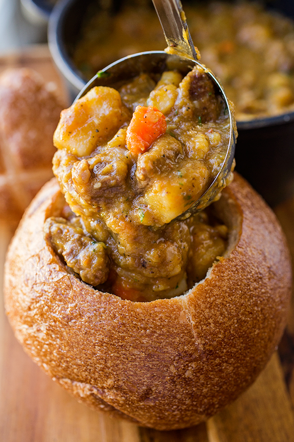 Pumpkin Stew with Beef in Bread Bowl | thecozyapron.com