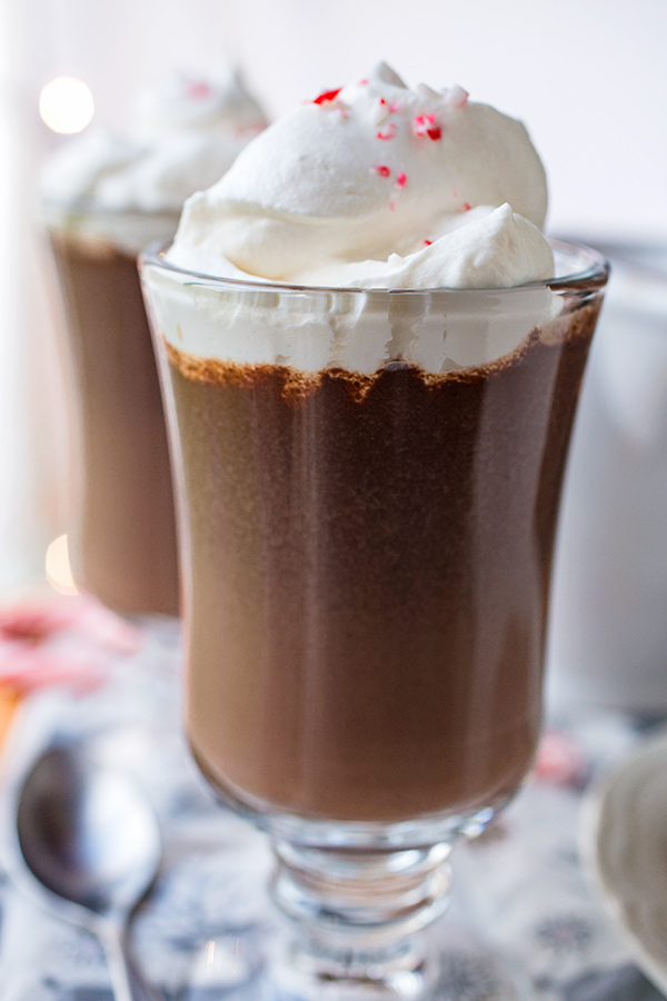 Drinking Chocolate topped with Peppermint Whipped Cream| thecozyapron.com