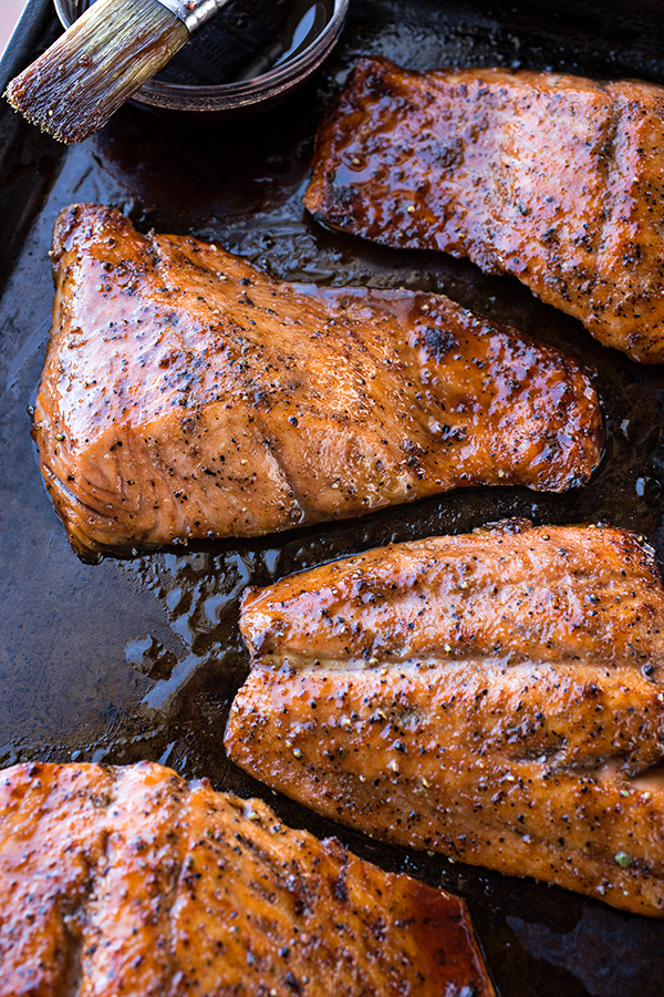 Bourbon Glazed Salmon on Baking Sheet | thecozyapron.com