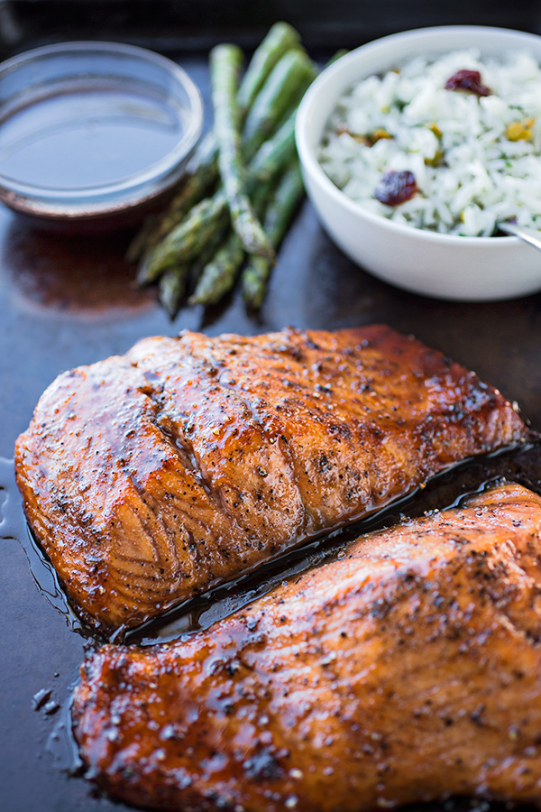 Bourbon Glazed Salmon with Asparagus and Rice | thecozyapron.com