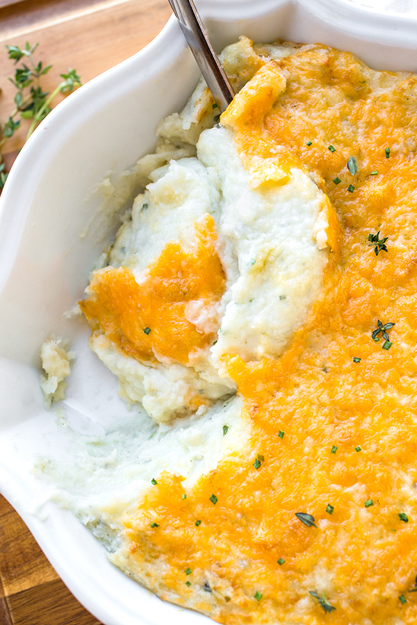 Cheesy Mashed Potatoes in Baking Dish | thecozyapron.com