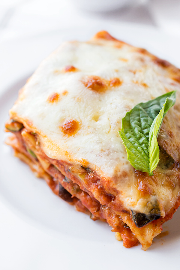 Closeup, top-view of a serving of lasagna primavera on a plate | thecozyapron.com