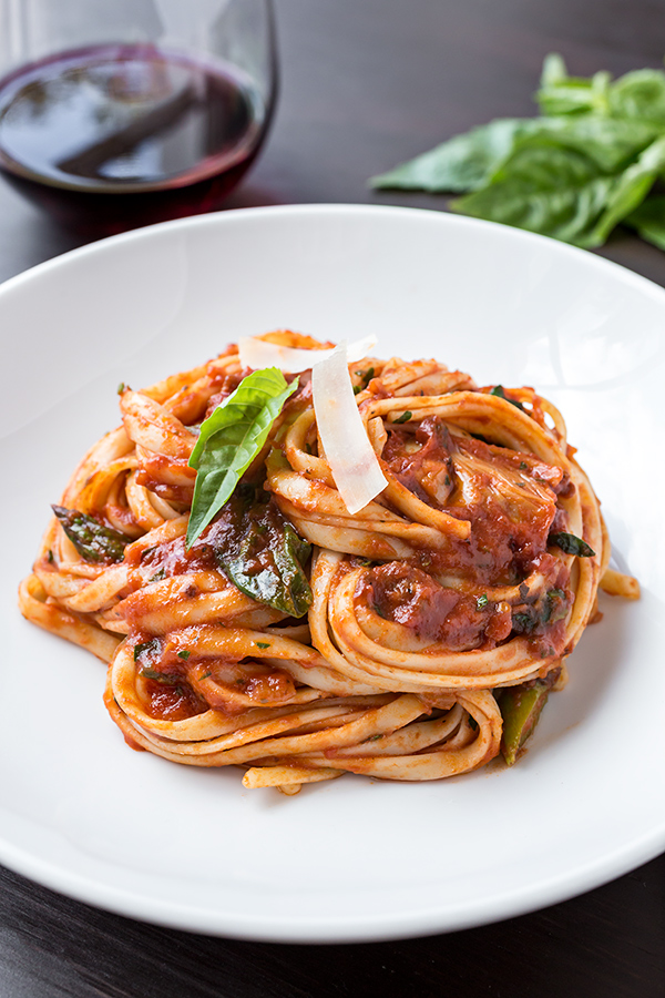A beautiful plate of Linguine Pasta with Sausage and Artichoke | thecozyapron.com