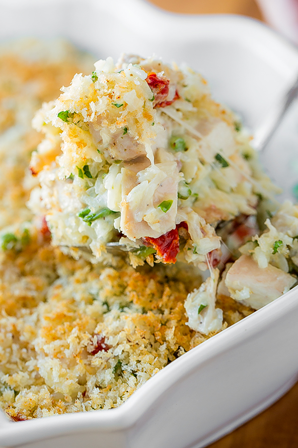 Scoop of Chicken and Rice Casserole | thecozyapron.com