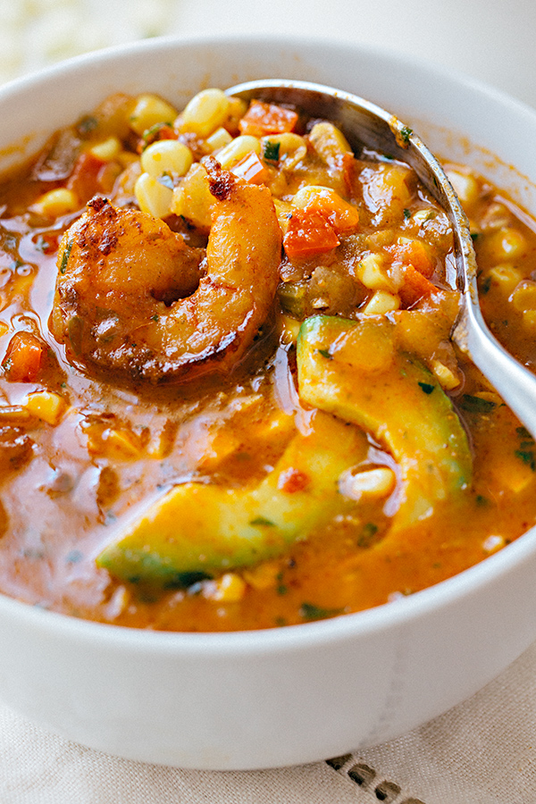 Shrimp and Corn Soup with Avocado | thecozyapron.com