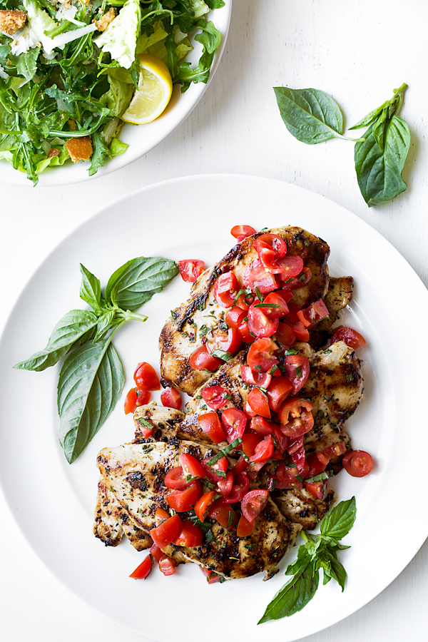 Grilled Chicken Breasts with Tomato-Basil Salsa on white serving platter | thecozyapron.com