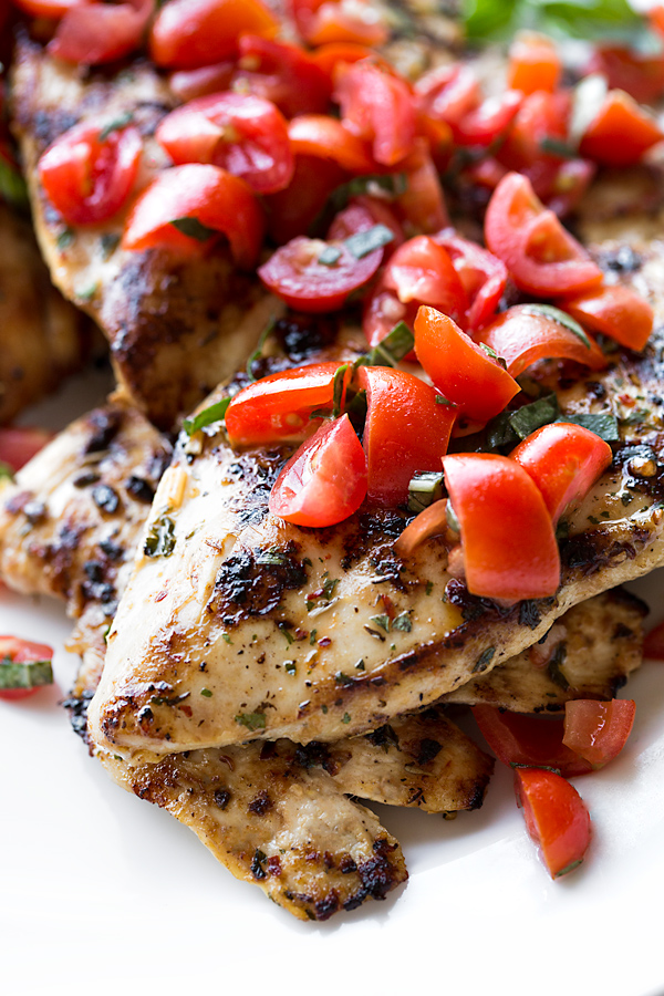 Close-up on a Grilled Chicken Breast with Tomato-Basil Salsa | thecozyapron.com