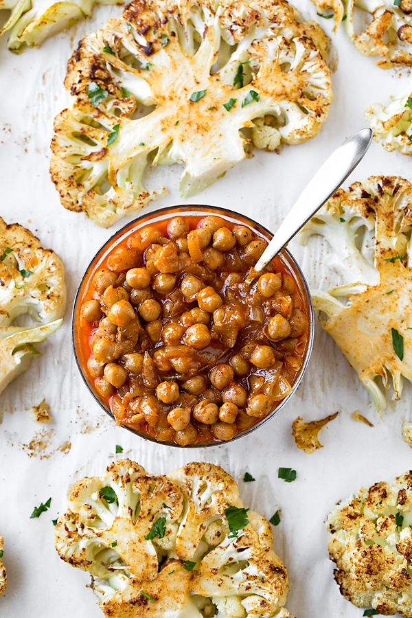 Cauliflower Steaks with a bowl of Harissa Chickpeas | thecozyapron.com