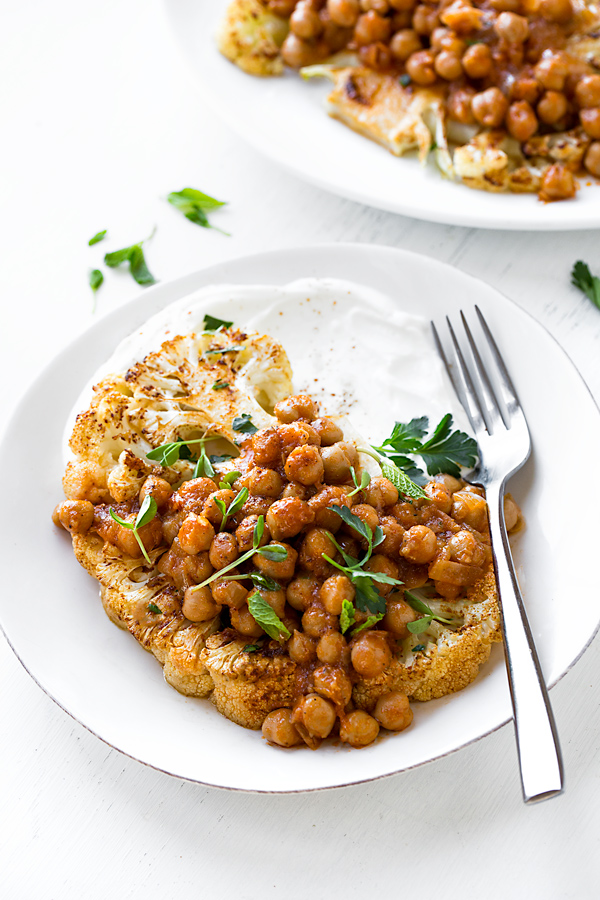 A single serving of Cauliflower Steaks with Harissa Chickpeas | thecozyapron.com