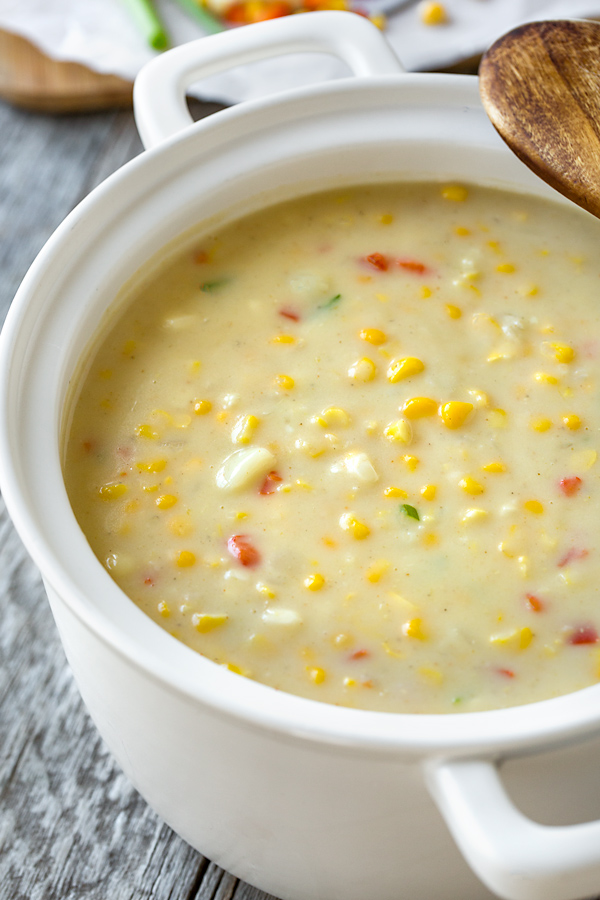 A large pot of Potato Corn Chowder | thecozyapron.com
