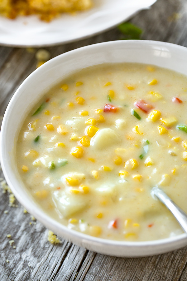 Closeup on a bowl of Potato Corn Chowder | thecozyapron.com