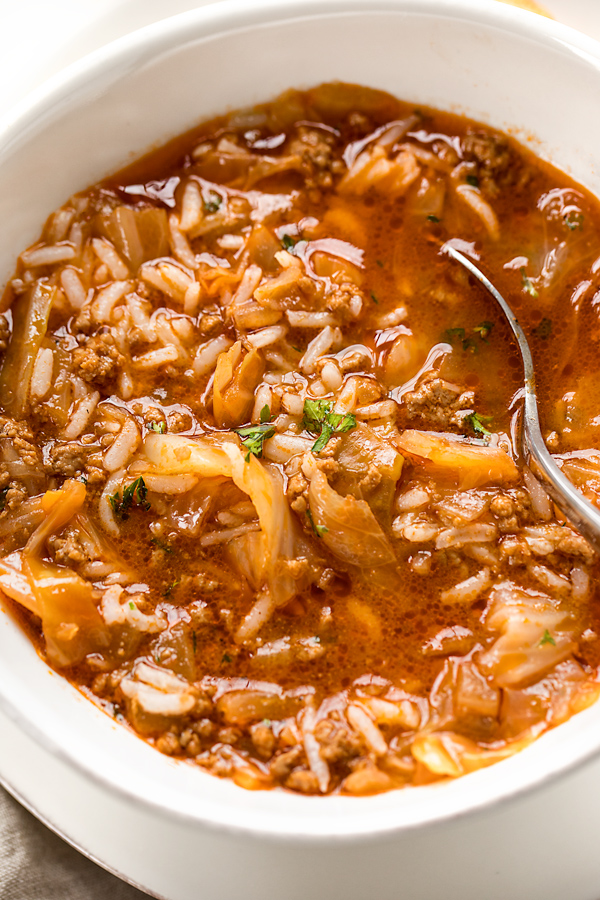 Closeup on bowl of Cabbage Roll Soup | thecozyapron.com