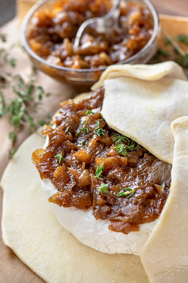 Preparation for Baked Brie with Balsamic Caramelized Onions | thecozyapron.com