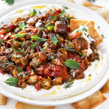Warm Eggplant Dip with Spiced Yogurt | thecozyapron.com