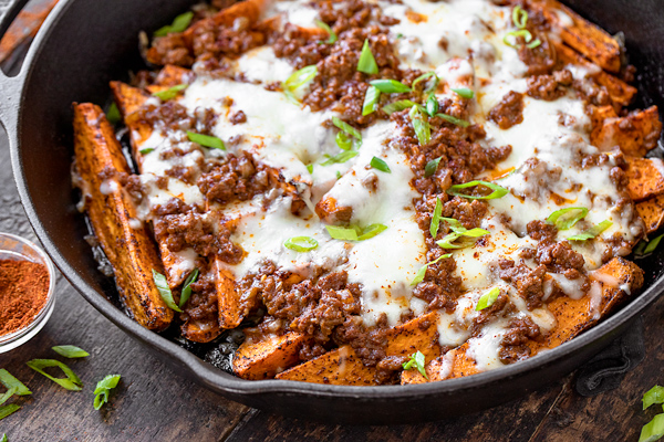 Baked Sweet Potato Fries with Chili Cheese