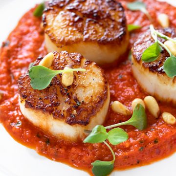 Pan Seared Scallops with Roasted Red Pepper Sauce | thecozyapron.com