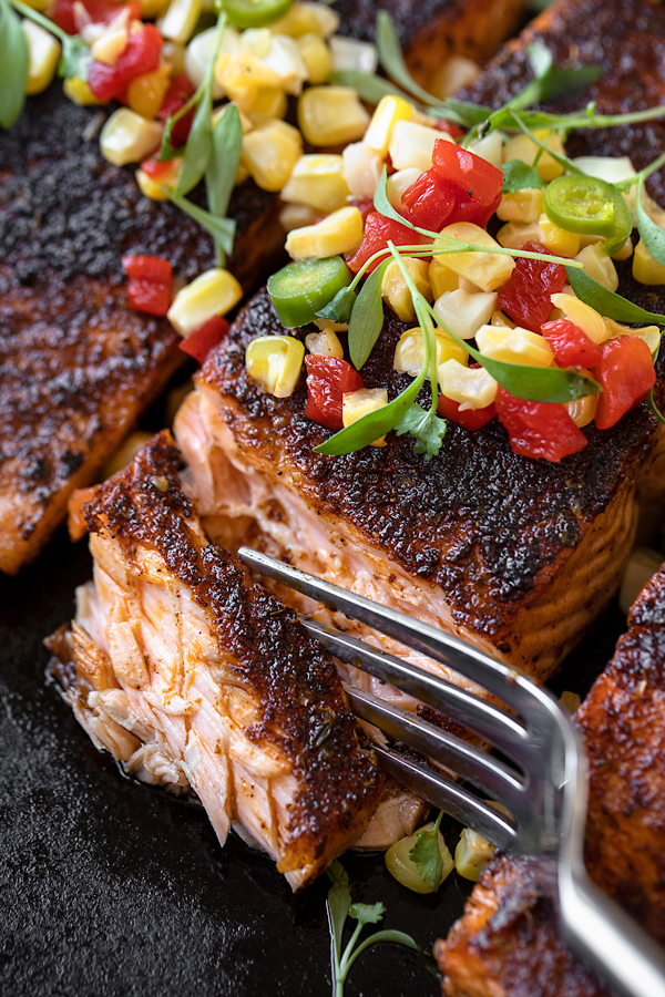 Juicy Interior of Blackened Salmon with Pickled Corn Relish | thecozyapron.com