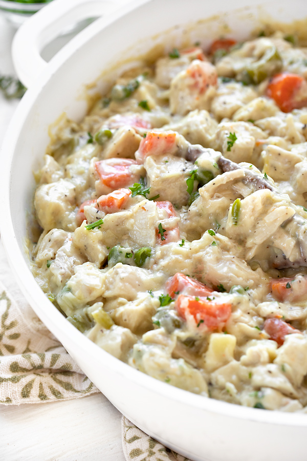 Chicken Pot Pie Filling in Pan | thecozyapron.com