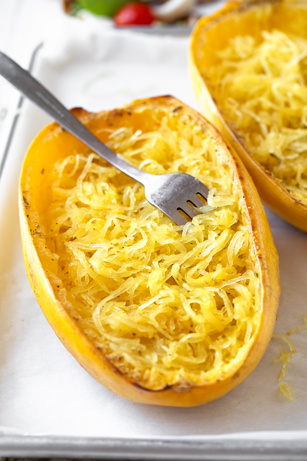 Freshly Roasted Spaghetti Squash with Fork | thecozyapron.com