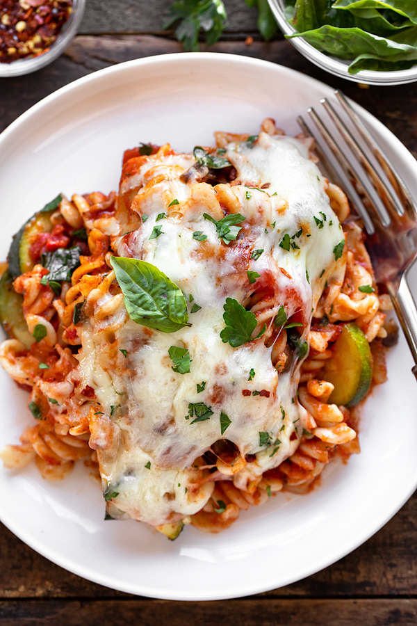 Vegetable Pasta with Mozzarella on a Plate | thecozyapron.com
