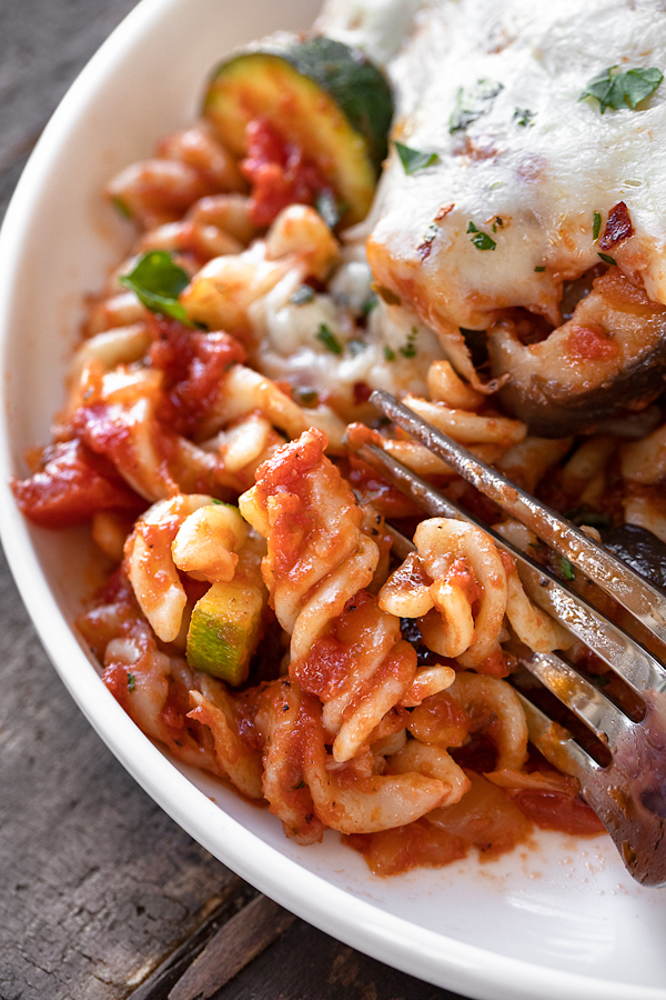 Vegetable Pasta with Mozzarella with a Fork | thecozyapron.com