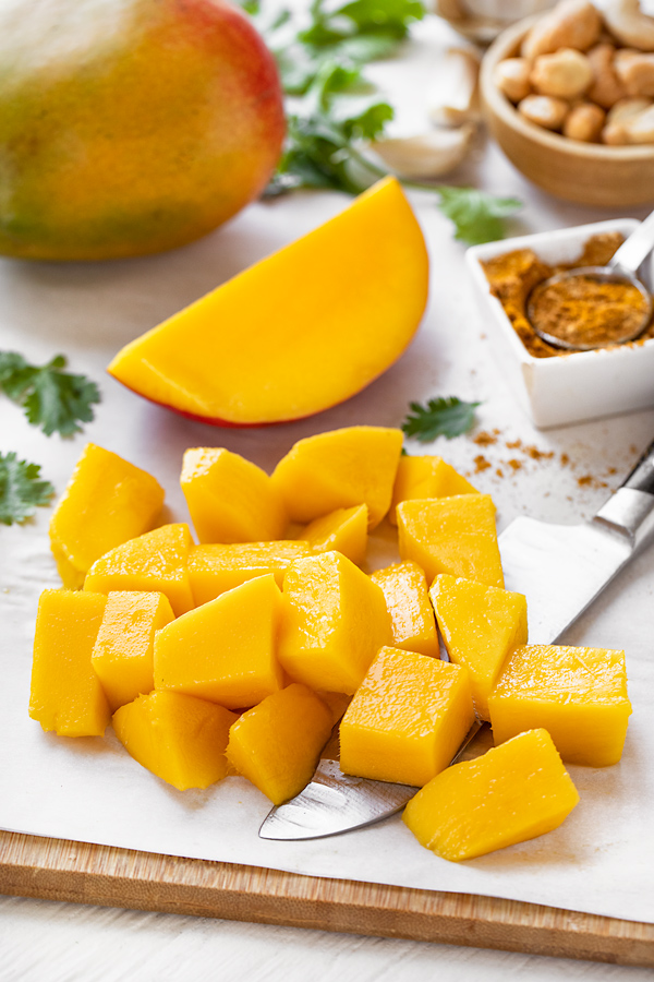 Fresh Mango Chunks for Mango Chicken | thecozyapron.com