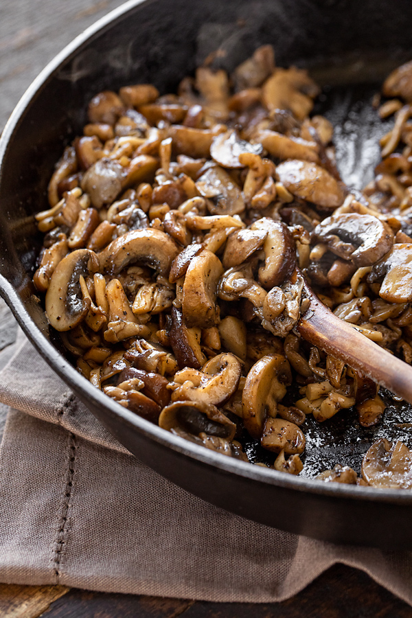 Sauteed Mushrooms in Skillet for Mushroom Pasta | thecozyapron.com