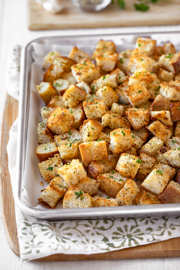 Homemade Croutons on a Baking Sheet | thecozyapron.com
