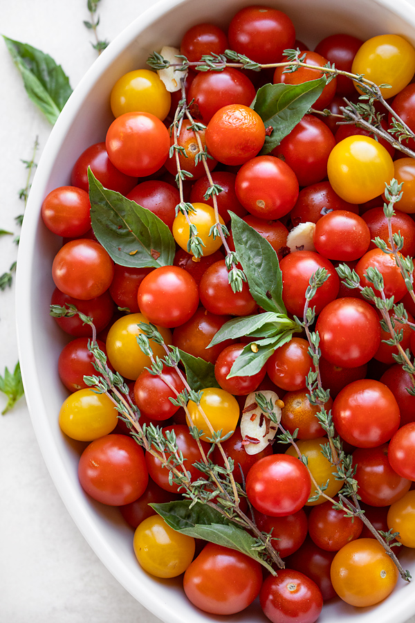 Ingredients for Tomato Confit in Baking Dish | thecozyapron.com