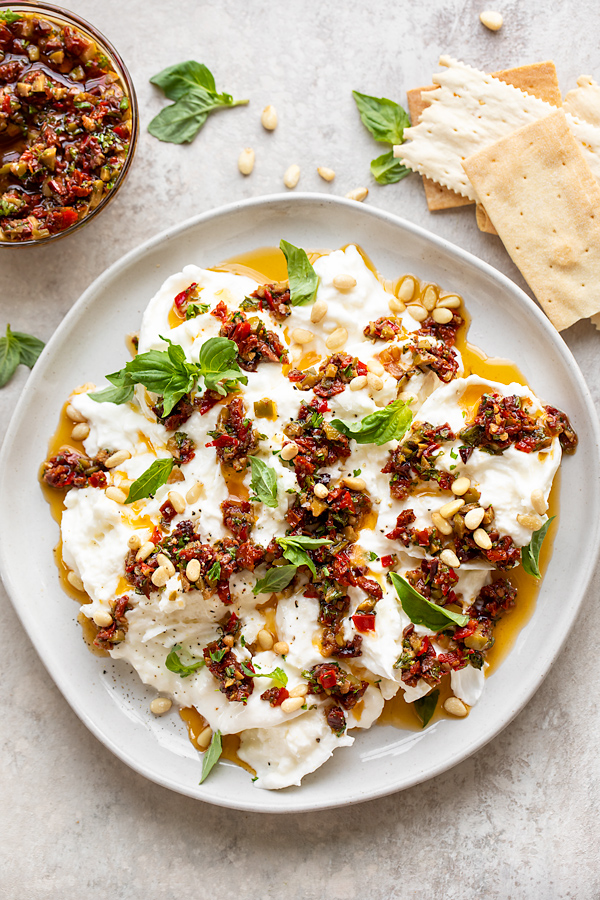 Burrata Recipe with Olive and Pepper Vinaigrette | thecozyapron.com