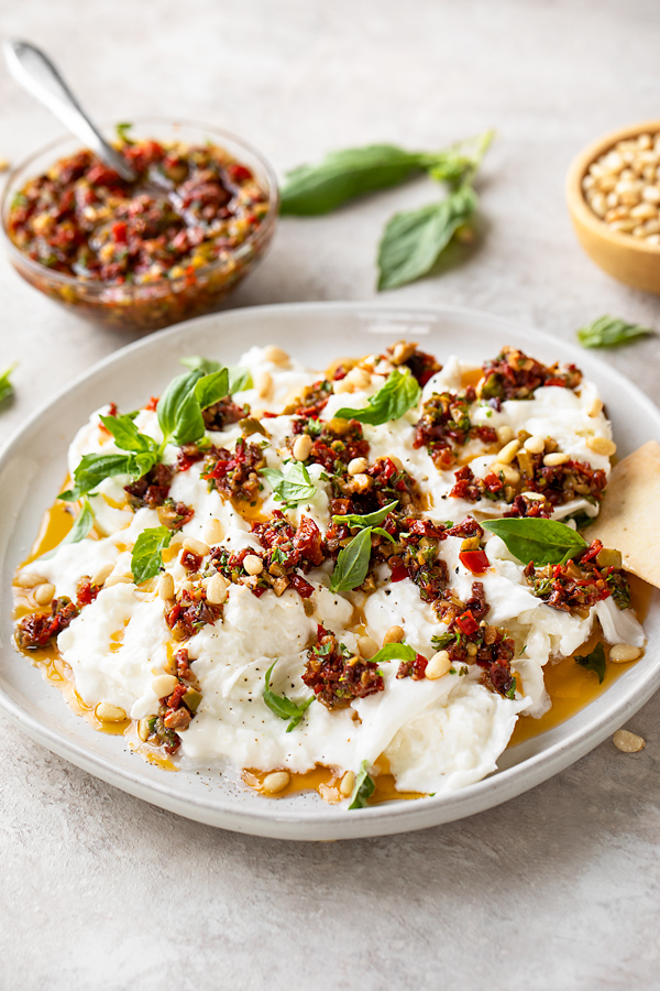 Burrata Recipe with Olive and Pepper Vinaigrette | thecozyapron.com