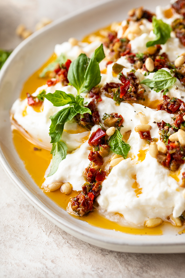 Burrata Recipe with Olive and Pepper Vinaigrette | thecozyapron.com