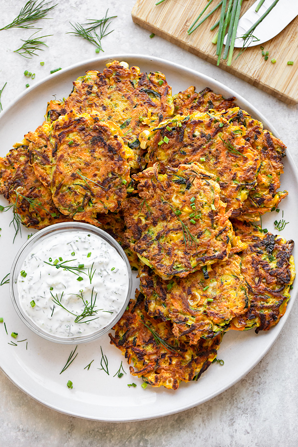 Zucchini Fritters on a Platter | thecozyapron.com