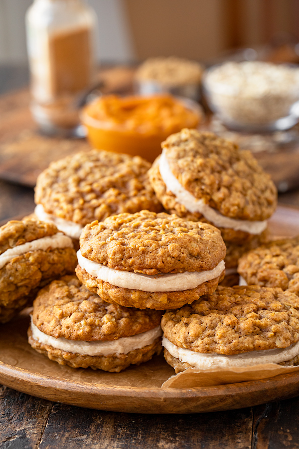Stack of Pumpkin Oatmeal Cream Pies | thecozyapron.com