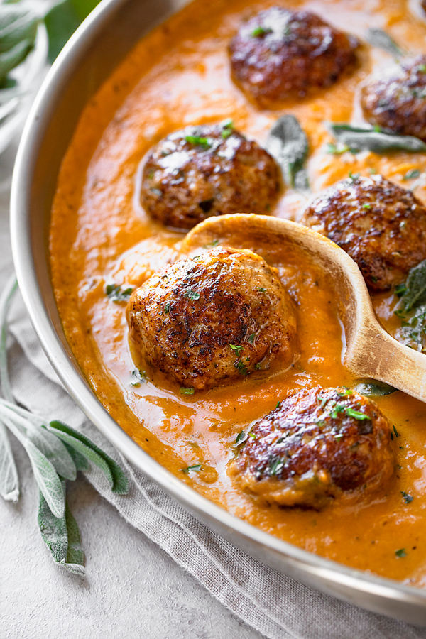 Turkey Meatballs in Pumpkin Sage Sauce | thecozyapron.com