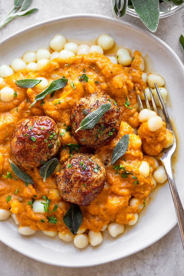 Turkey Meatballs in Pumpkin Sage Sauce over Gnocchi | thecozyapron.com