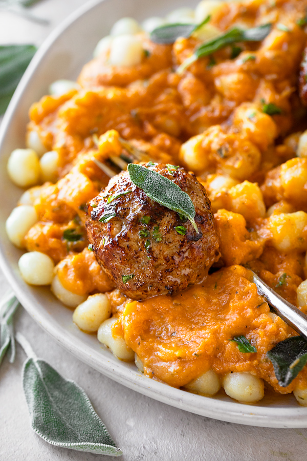 Turkey Meatballs in Pumpkin Sage Sauce over Gnocchi | thecozyapron.com