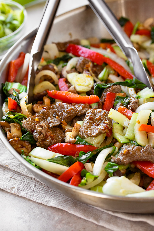 Beef Stir Fry Prepared in Skillet | thecozyapron.com