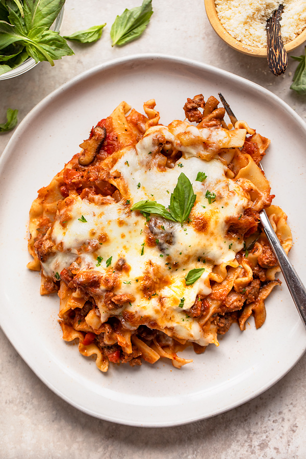 Skillet Lasagna on a Plate | thecozyapron.com