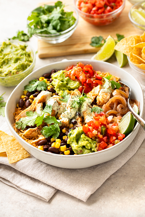 Chicken Burrito Bowl with Cilantro-Lime Sauce | thecozyapron.com
