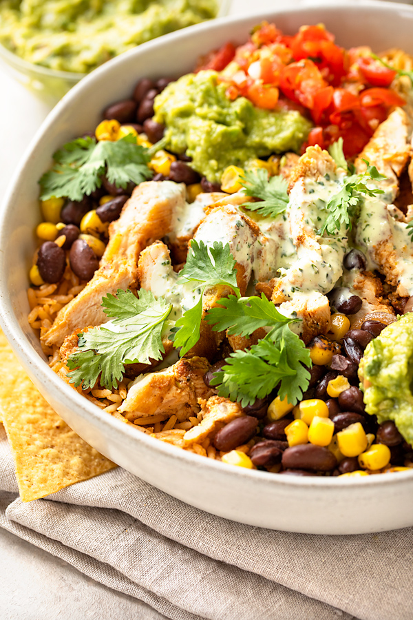 Chicken Burrito Bowl with Cilantro-Lime Sauce | thecozyapron.com