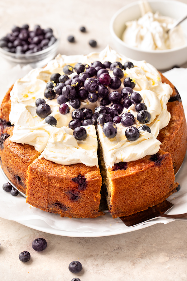 Lemon Blueberry Cake with Vanilla Mascarpone Whipped Cream | thecozyapron.com
